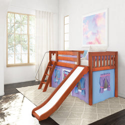 DEN27 CS : Loft Bed Twin Low Loft Bed with Angled Ladder, Curtain + Slide, Slat, Chestnut