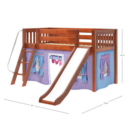 DEN27 CS : Loft Bed Twin Low Loft Bed with Angled Ladder, Curtain + Slide, Slat, Chestnut