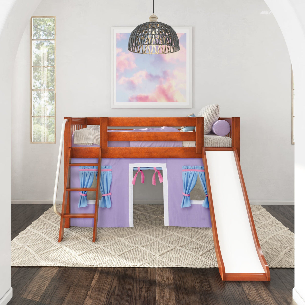 DEN27 CS : Loft Bed Twin Low Loft Bed with Angled Ladder, Curtain + Slide, Slat, Chestnut