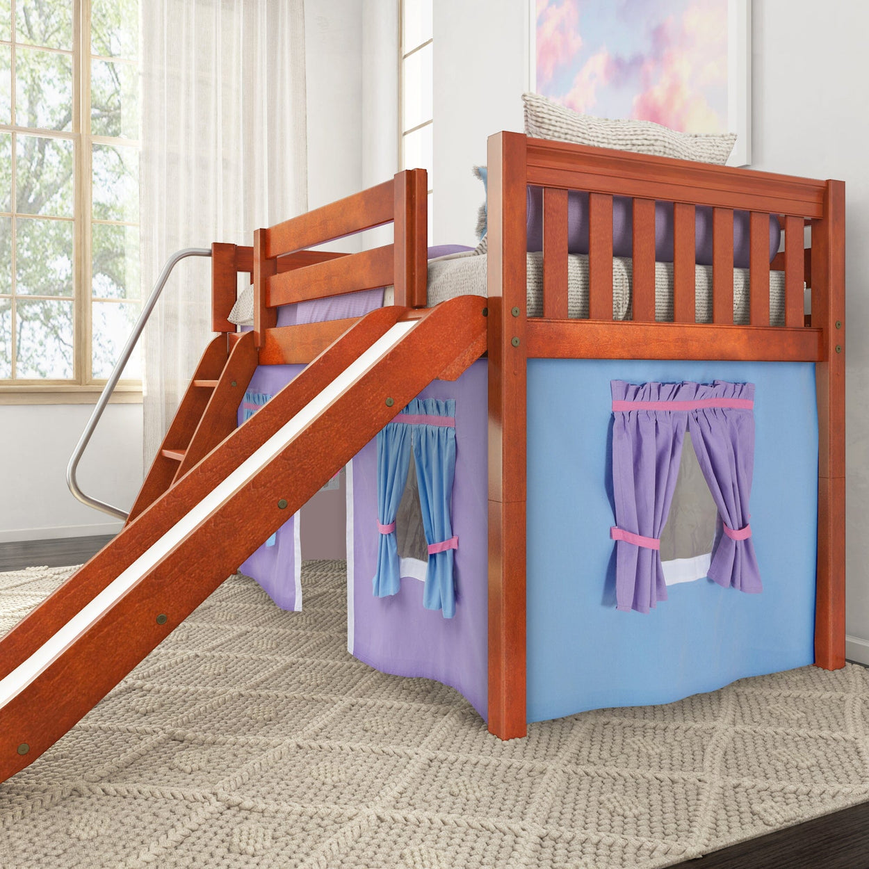 DEN27 CS : Play Loft Beds Twin Low Loft Bed with Angled Ladder, Curtain + Slide, Slat, Chestnut