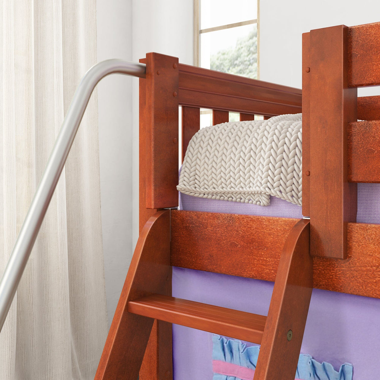 DEN27 CS : Play Loft Beds Twin Low Loft Bed with Angled Ladder, Curtain + Slide, Slat, Chestnut