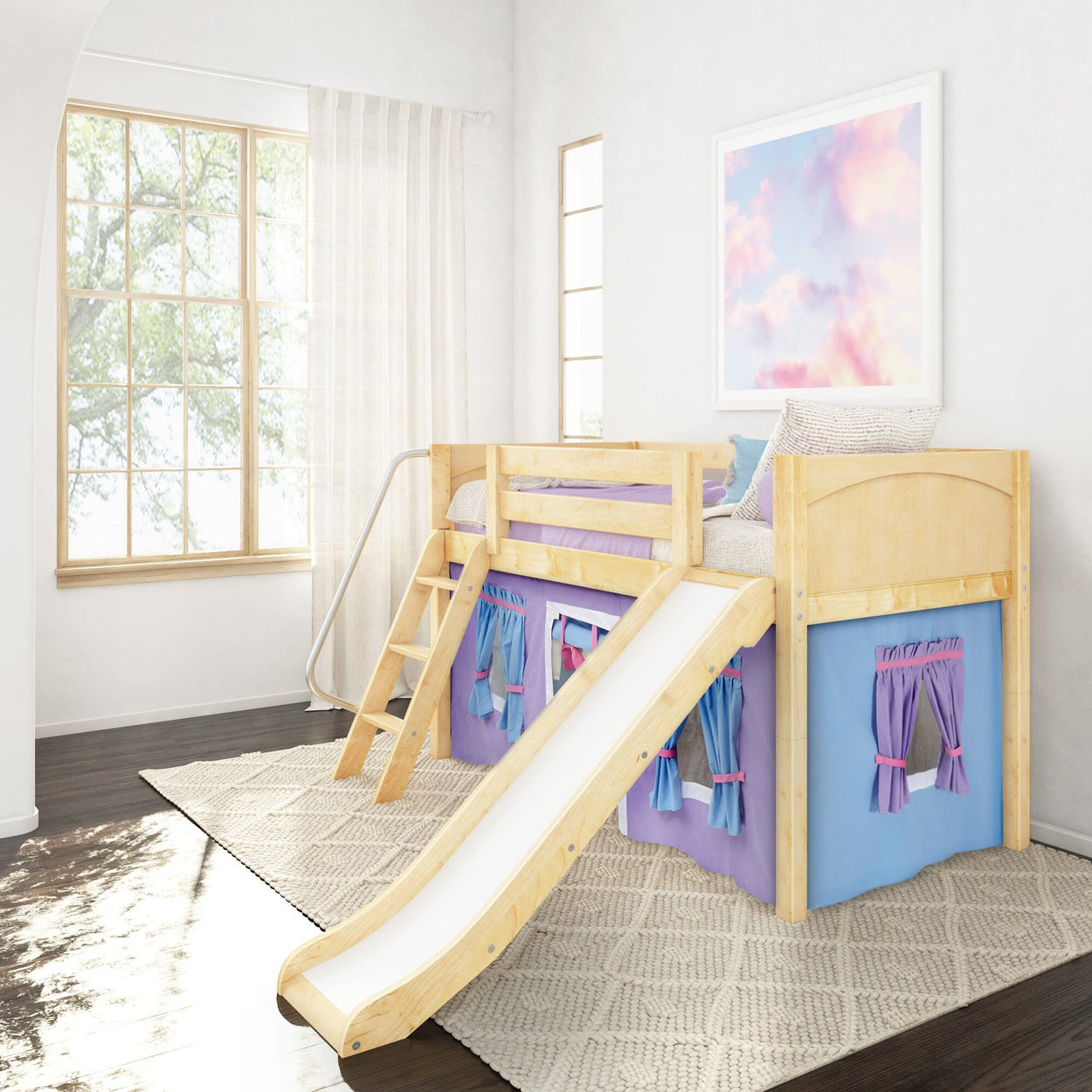 DEN27 NP : Loft Bed Twin Low Loft Bed with Angled Ladder, Curtain + Slide, Panel, Natural