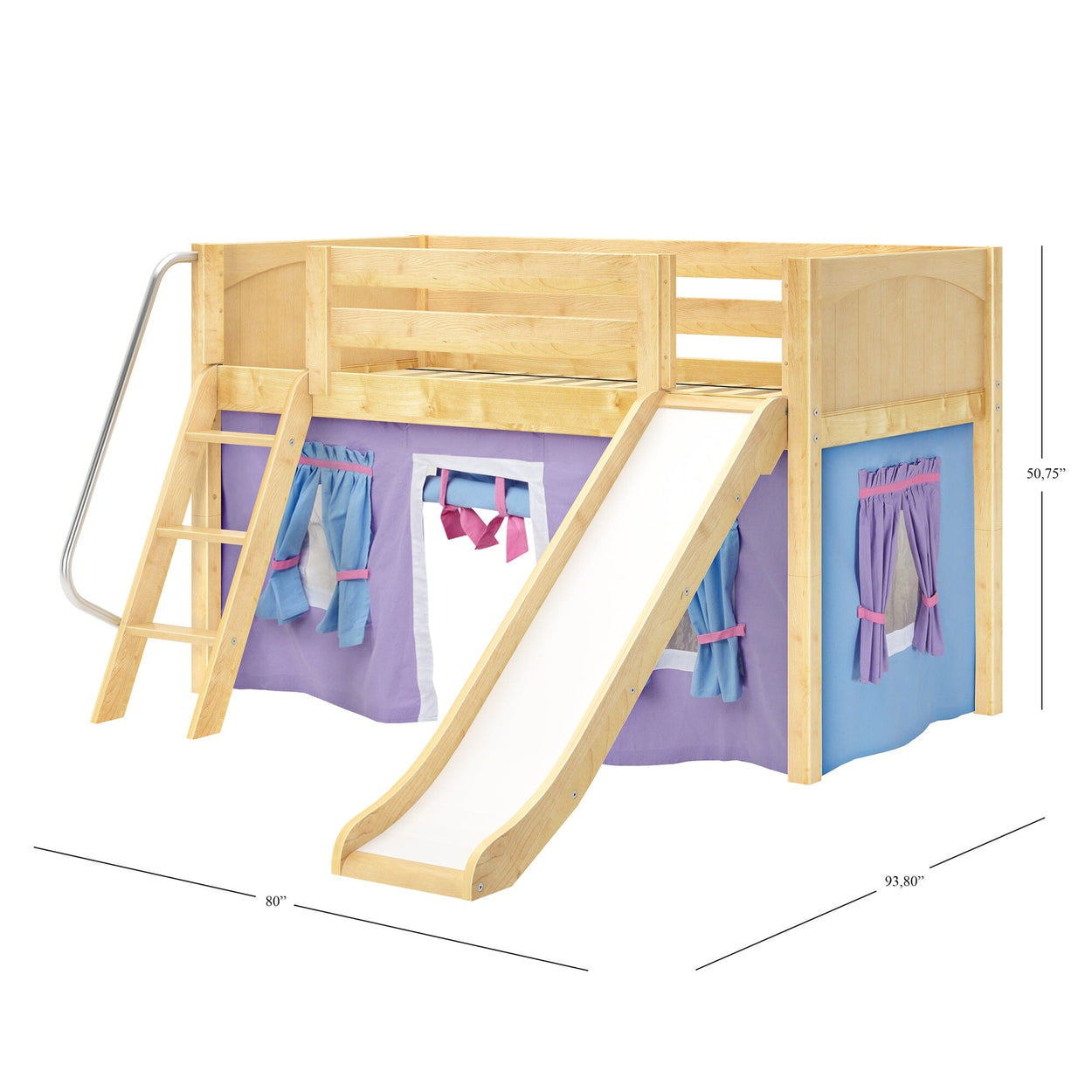 DEN27 NP : Loft Bed Twin Low Loft Bed with Angled Ladder, Curtain + Slide, Panel, Natural