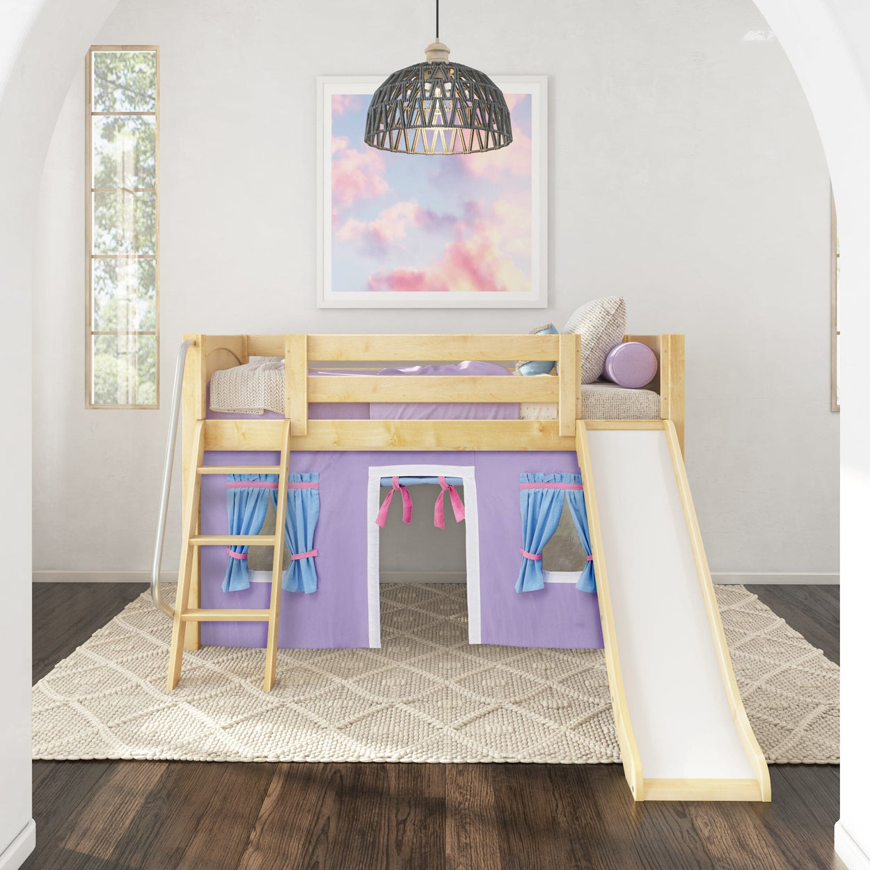 DEN27 NP : Play Loft Beds Twin Low Loft Bed with Angled Ladder, Curtain + Slide, Panel, Natural