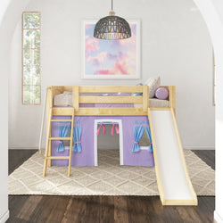 DEN27 NP : Loft Bed Twin Low Loft Bed with Angled Ladder, Curtain + Slide, Panel, Natural