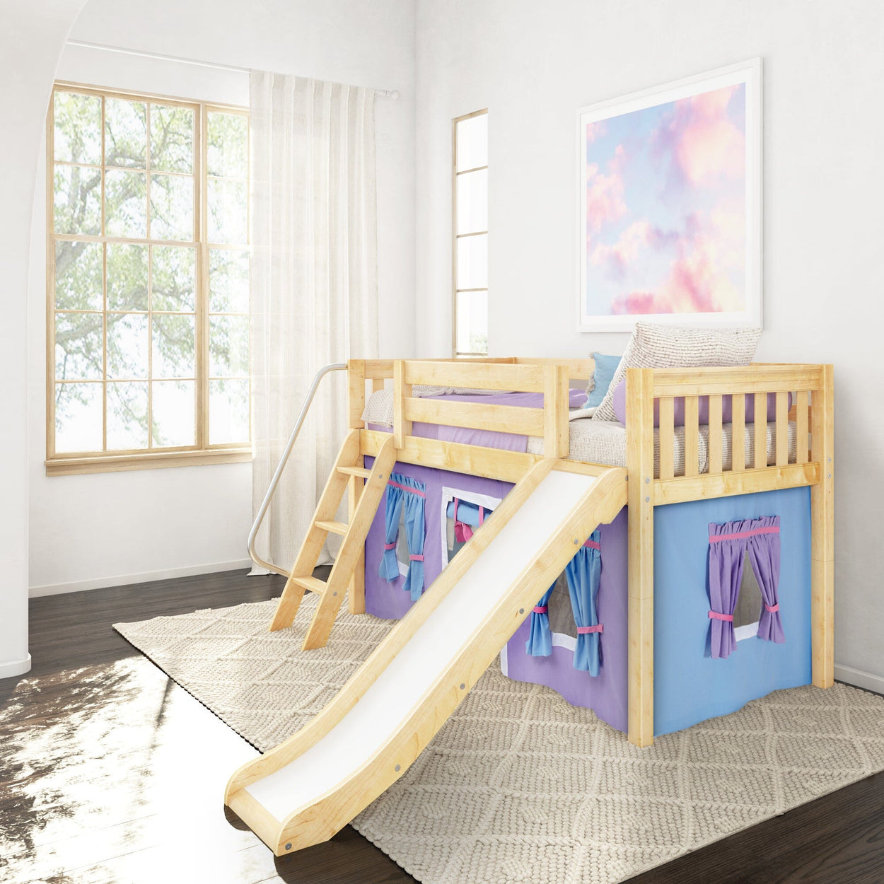 DEN27 NS : Play Loft Beds Twin Low Loft Bed with Angled Ladder, Curtain + Slide, Slat, Natural