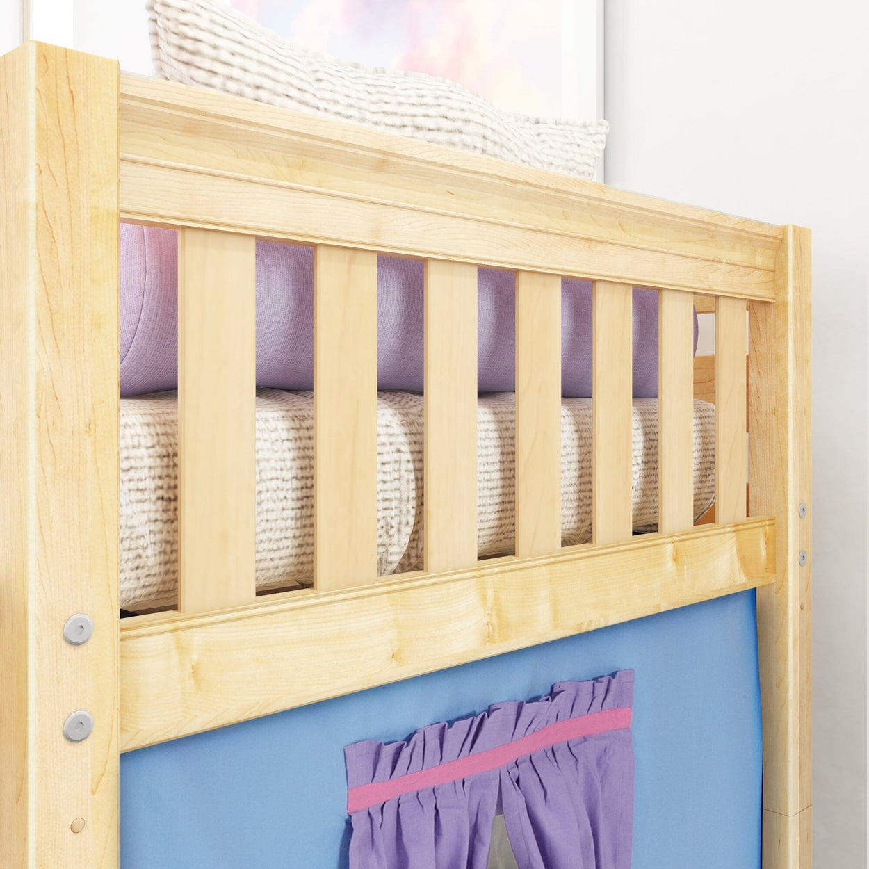 DEN27 NS : Loft Bed Twin Low Loft Bed with Angled Ladder, Curtain + Slide, Slat, Natural