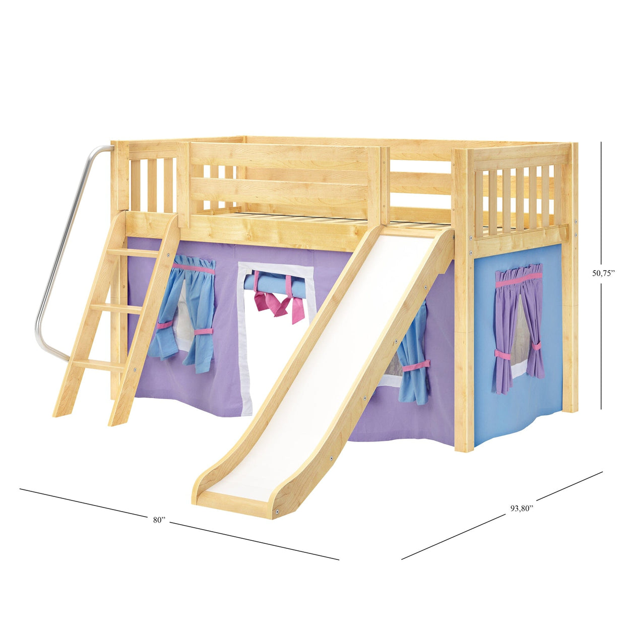 DEN27 NS : Loft Bed Twin Low Loft Bed with Angled Ladder, Curtain + Slide, Slat, Natural