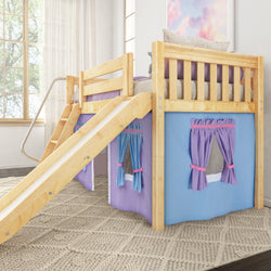 DEN27 NS : Loft Bed Twin Low Loft Bed with Angled Ladder, Curtain + Slide, Slat, Natural