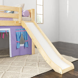 DEN27 NS : Loft Bed Twin Low Loft Bed with Angled Ladder, Curtain + Slide, Slat, Natural