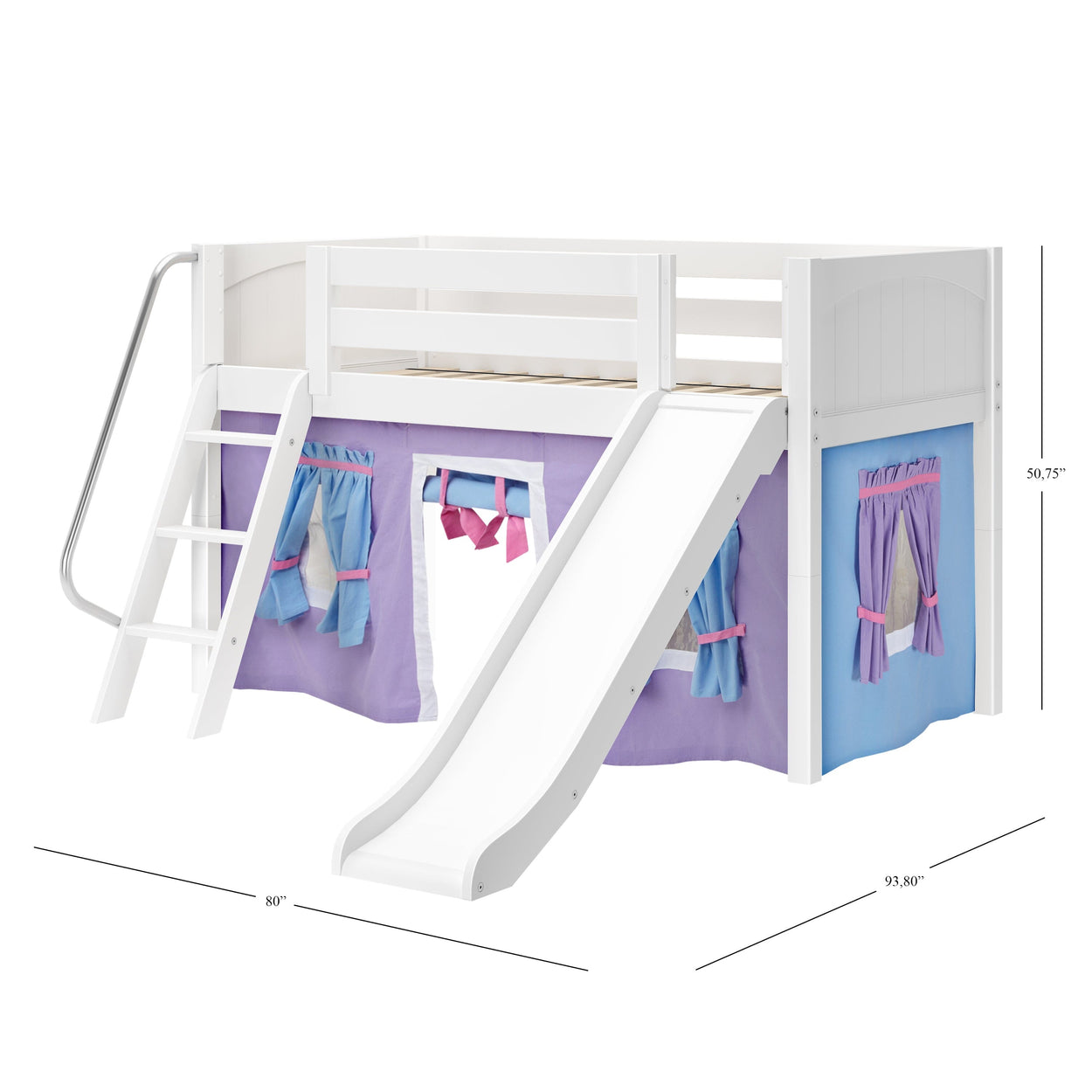 DEN27 WP : Play Loft Beds Twin Low Loft Bed with Angled Ladder, Curtain + Slide, Panel, White