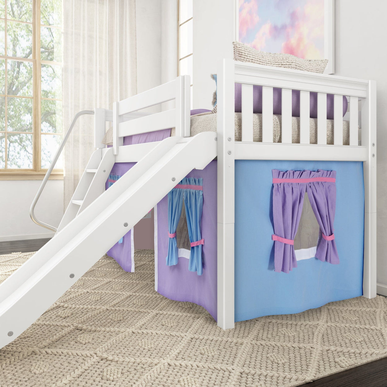 DEN27 WS : Loft Bed Twin Low Loft Bed with Angled Ladder, Curtain + Slide, Slat, White