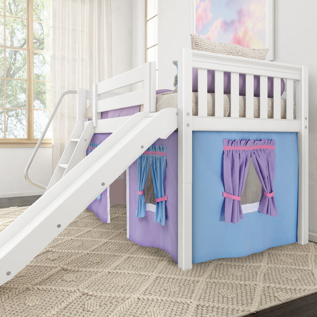 DEN27 WS : Play Loft Beds Twin Low Loft Bed with Angled Ladder, Curtain + Slide, Slat, White