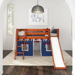 DEN44 CP : Loft Bed Twin Low Loft Bed with Angled Ladder, Curtain + Slide, Panel, Chestnut