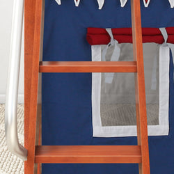 DEN44 CS : Loft Bed Twin Low Loft Bed with Angled Ladder, Curtain + Slide, Slat, Chestnut