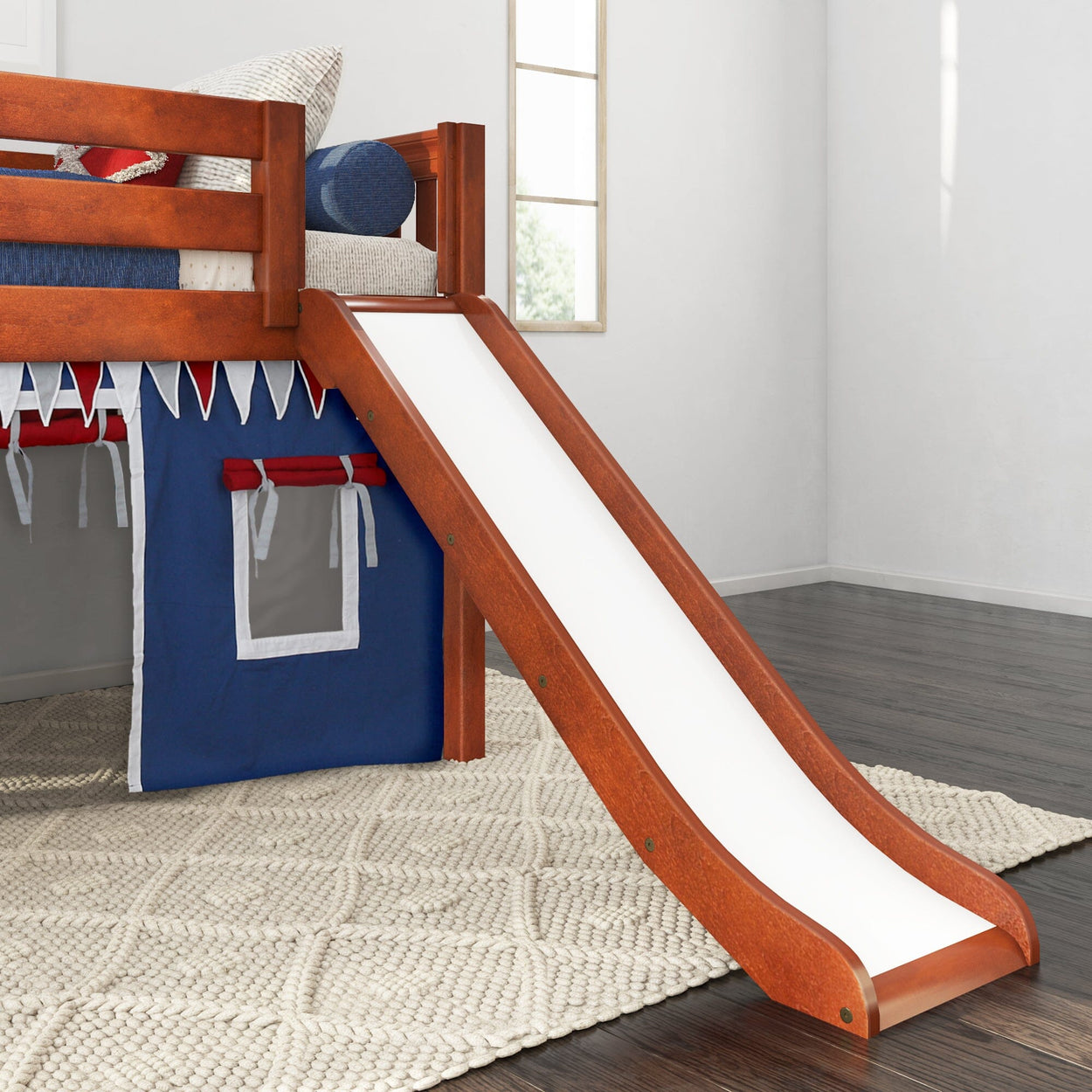 DEN44 CS : Loft Bed Twin Low Loft Bed with Angled Ladder, Curtain + Slide, Slat, Chestnut