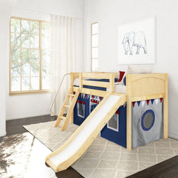 DEN44 NP : Play Loft Beds Twin Low Loft Bed with Angled Ladder, Curtain + Slide, Panel, Natural