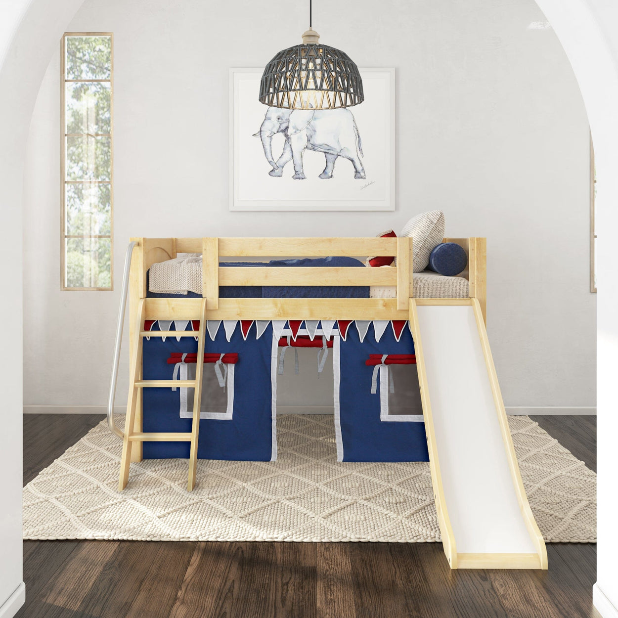 DEN44 NP : Play Loft Beds Twin Low Loft Bed with Angled Ladder, Curtain + Slide, Panel, Natural