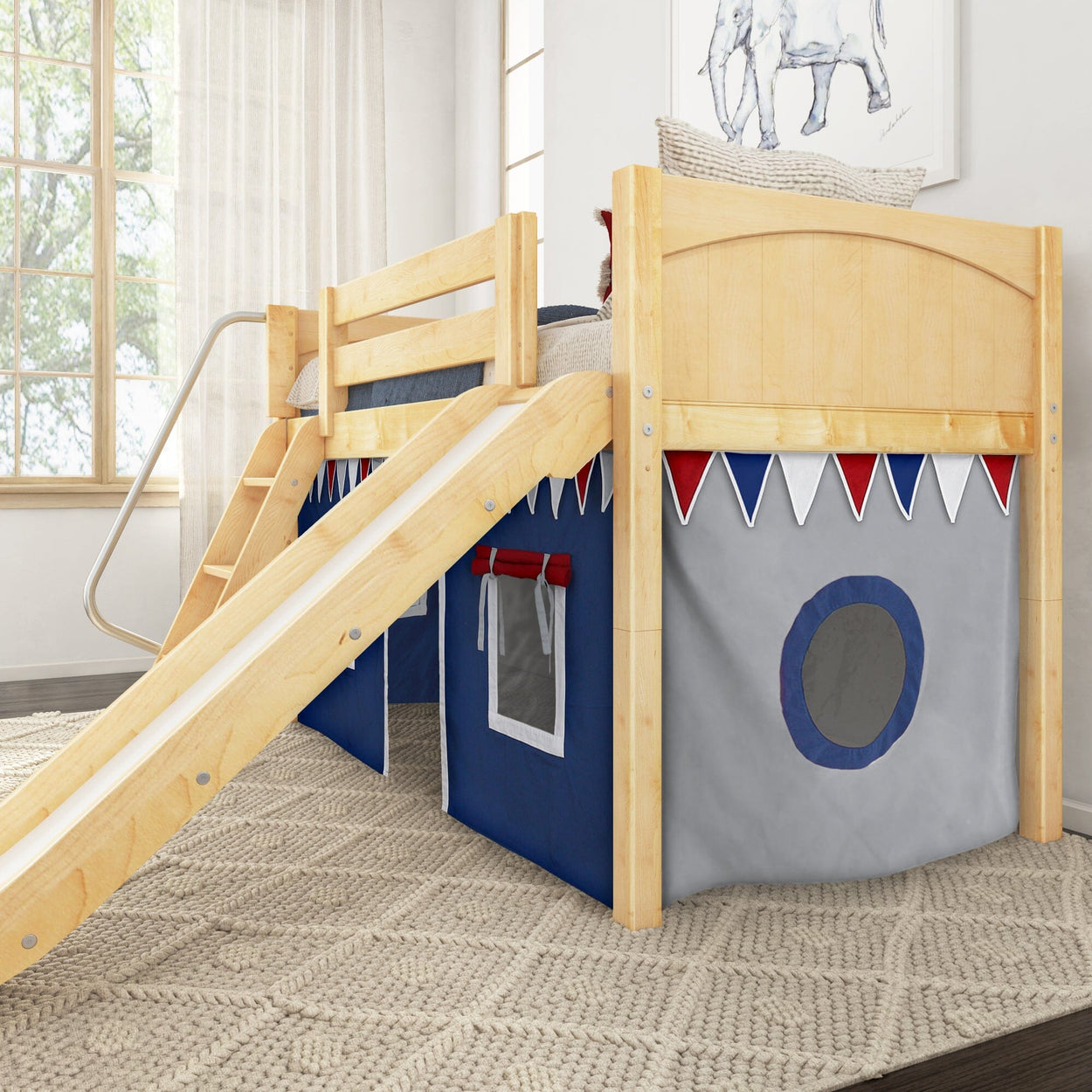 DEN44 NP : Play Loft Beds Twin Low Loft Bed with Angled Ladder, Curtain + Slide, Panel, Natural