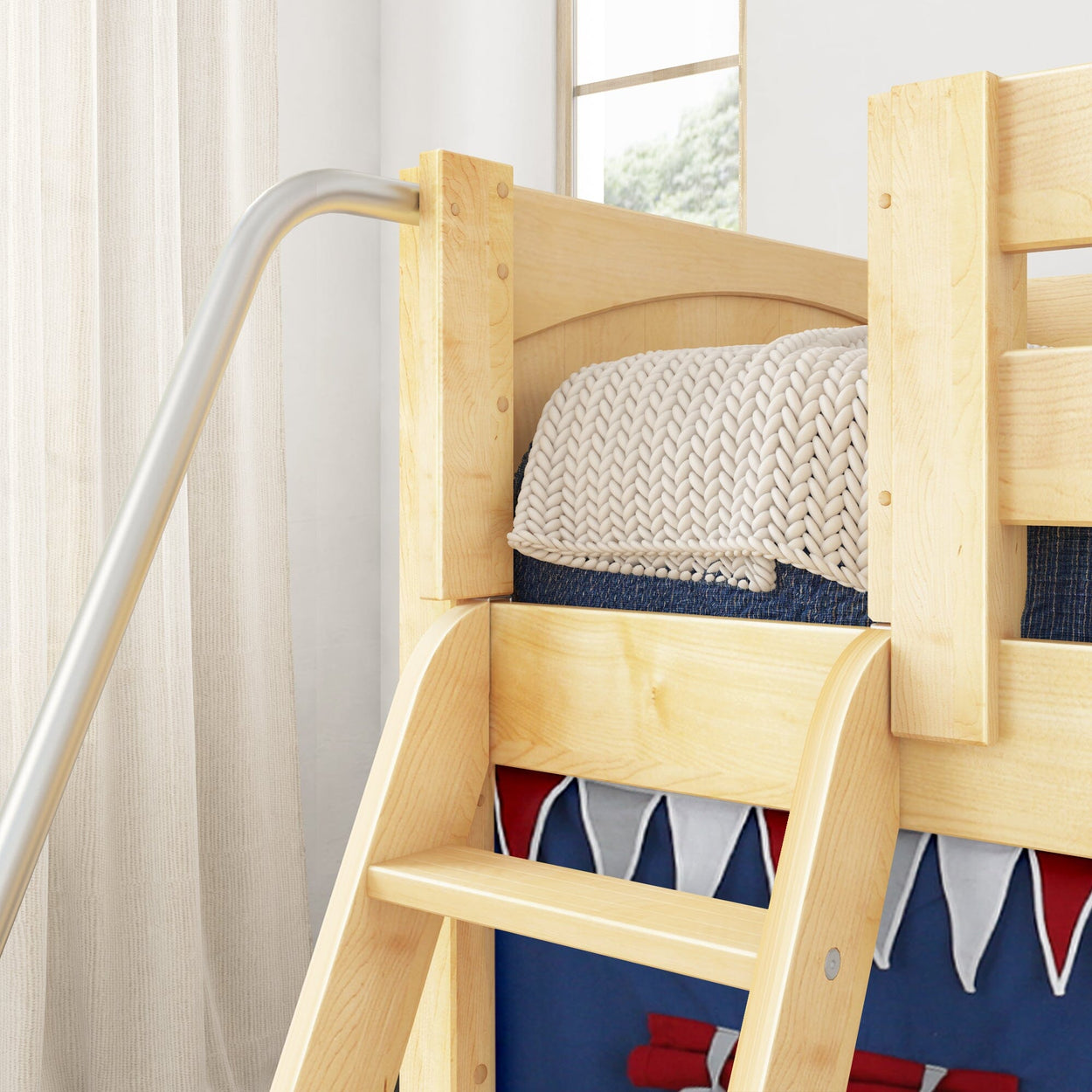 DEN44 NP : Loft Bed Twin Low Loft Bed with Angled Ladder, Curtain + Slide, Panel, Natural