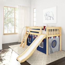 DEN44 NS : Play Loft Beds Twin Low Loft Bed with Angled Ladder, Curtain + Slide, Slat, Natural