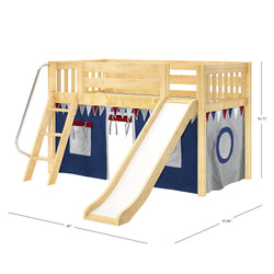 DEN44 NS : Play Loft Beds Twin Low Loft Bed with Angled Ladder, Curtain + Slide, Slat, Natural