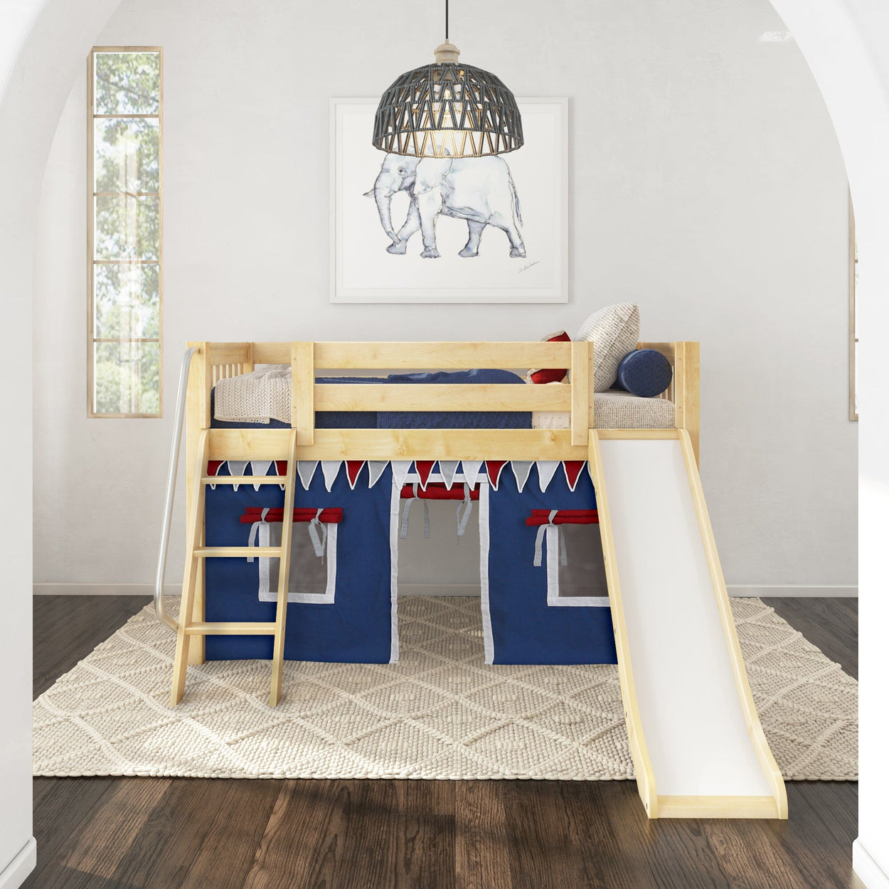 DEN44 NS : Loft Bed Twin Low Loft Bed with Angled Ladder, Curtain + Slide, Slat, Natural