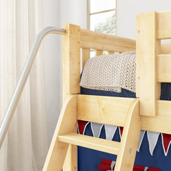 DEN44 NS : Loft Bed Twin Low Loft Bed with Angled Ladder, Curtain + Slide, Slat, Natural