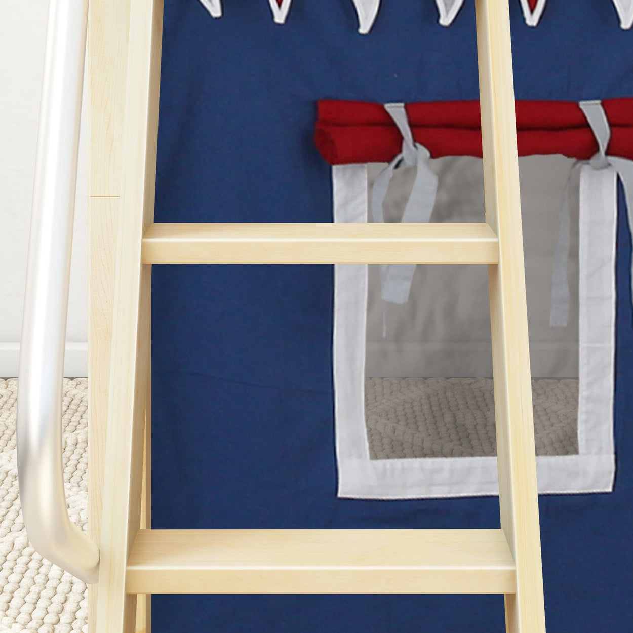 DEN44 NS : Loft Bed Twin Low Loft Bed with Angled Ladder, Curtain + Slide, Slat, Natural