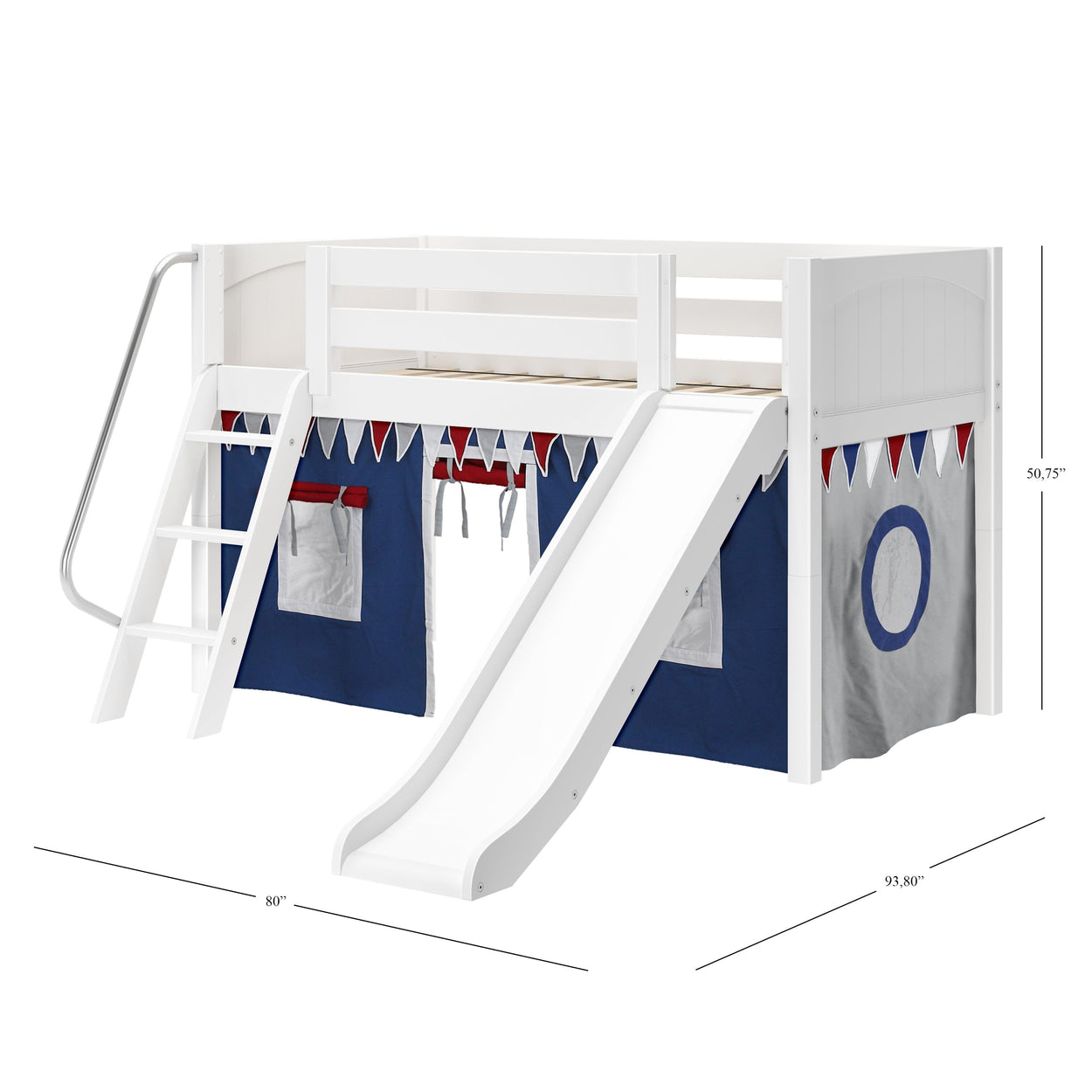 DEN44 WP : Play Loft Beds Twin Low Loft Bed with Angled Ladder, Curtain + Slide, Panel, White