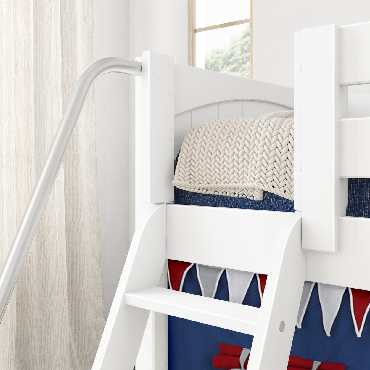 DEN44 WP : Loft Bed Twin Low Loft Bed with Angled Ladder, Curtain + Slide, Panel, White