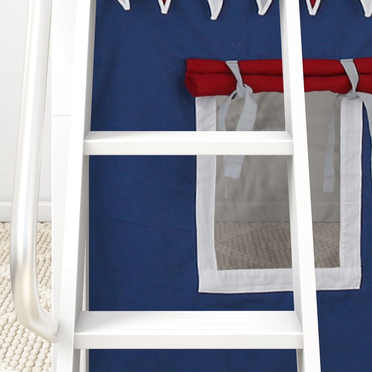 DEN44 WP : Loft Bed Twin Low Loft Bed with Angled Ladder, Curtain + Slide, Panel, White