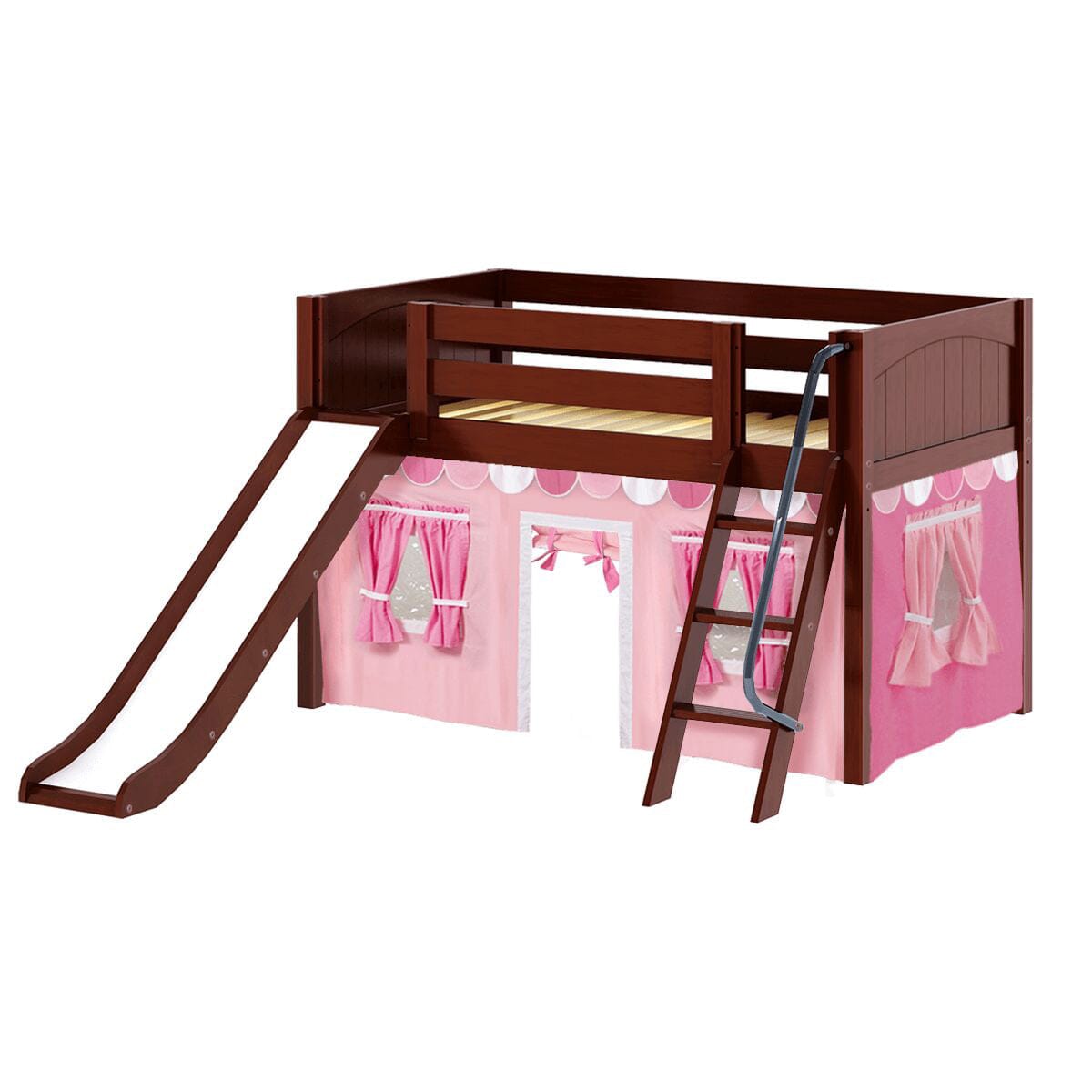 DEN64 CP : Play Loft Beds Twin Low Loft Bed with Angled Ladder, Curtain + Slide, Panel, Chestnut