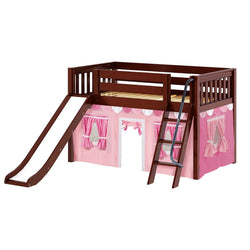 DEN64 CS : Loft Bed Twin Low Loft Bed with Angled Ladder, Curtain + Slide, Slat, Chestnut