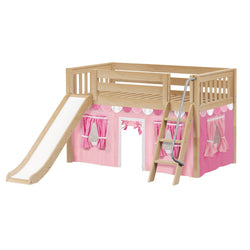 DEN64 NS : Loft Bed Twin Low Loft Bed with Angled Ladder, Curtain + Slide, Slat, Natural