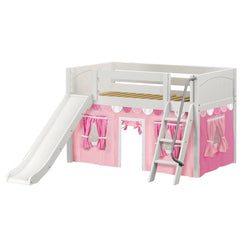 DEN64 WP : Loft Bed Twin Low Loft Bed with Angled Ladder, Curtain + Slide, Panel, White