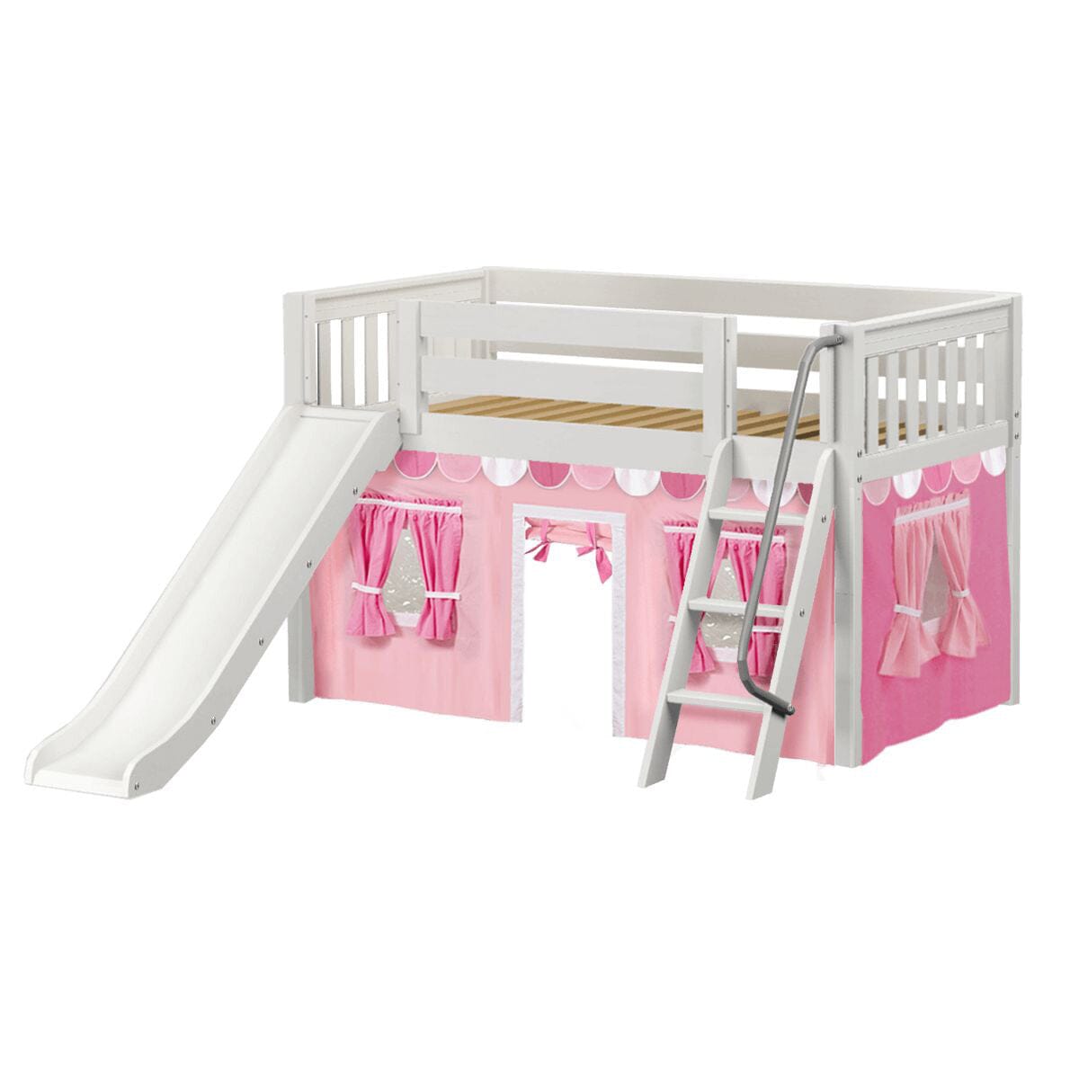 DEN64 WS : Loft Bed Twin Low Loft Bed with Angled Ladder, Curtain + Slide, Slat, White