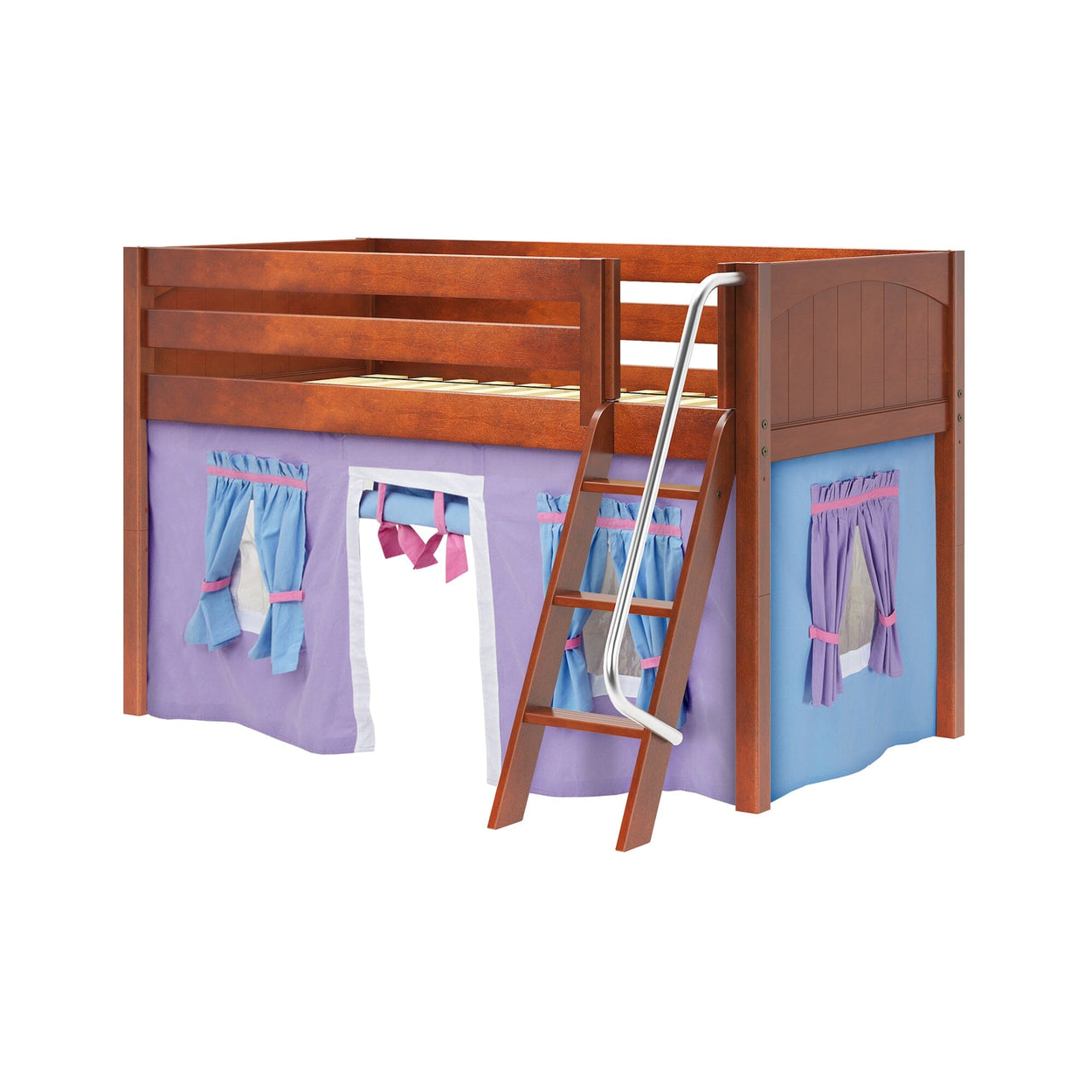 EASY RIDER27 CP : Loft Bed Twin Low Loft Bed with Angled Ladder + Curtain, Panel, Chestnut