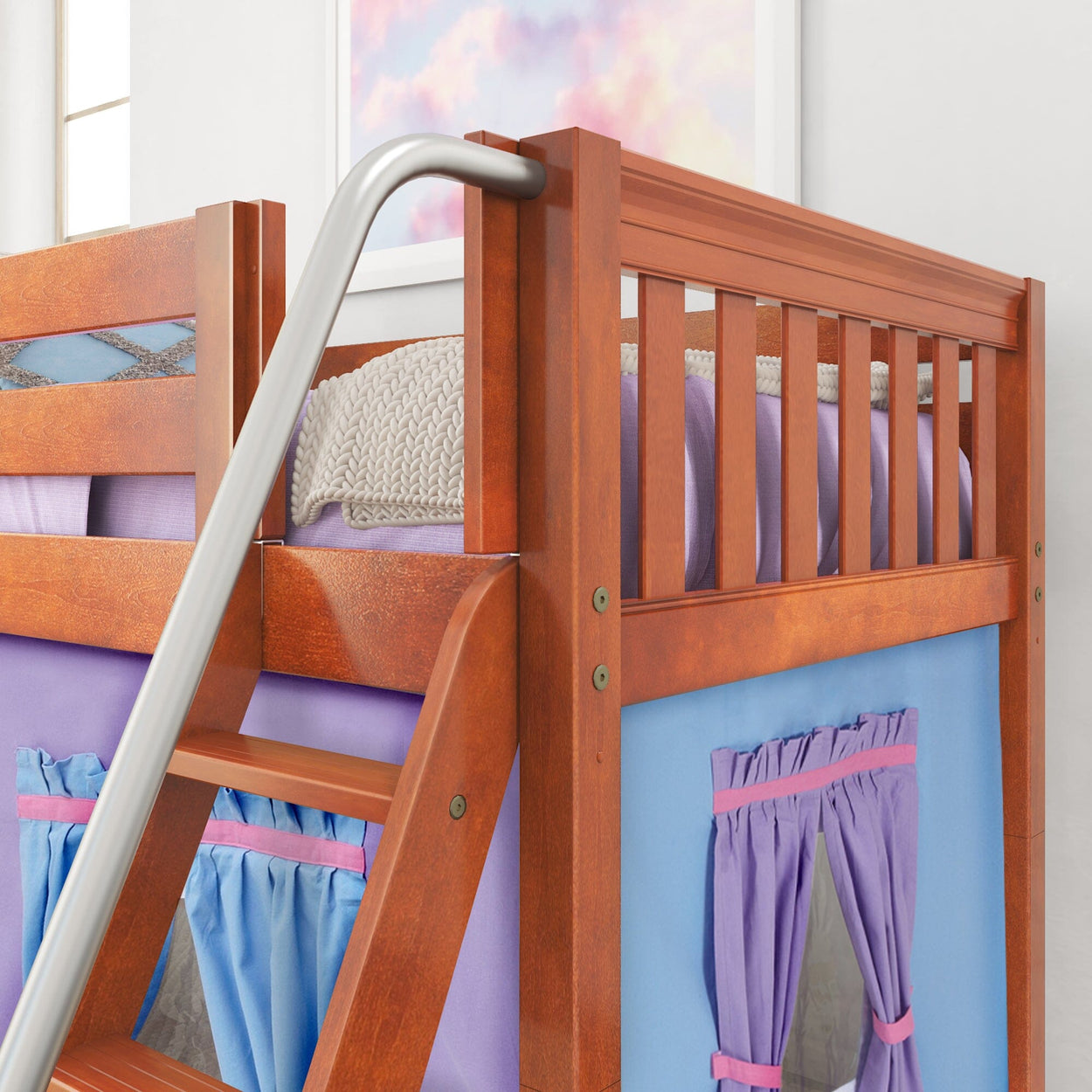 EASY RIDER27 CS : Loft Bed Twin Low Loft Bed with Angled Ladder + Curtain, Slat, Chestnut