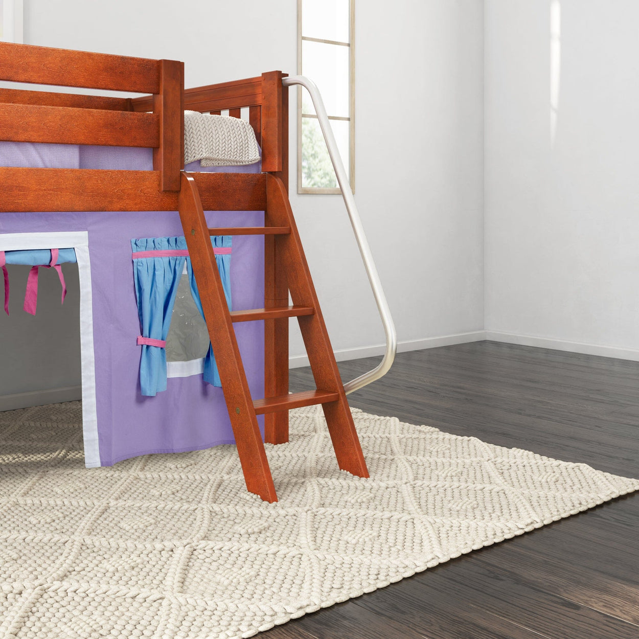 EASY RIDER27 CS : Loft Bed Twin Low Loft Bed with Angled Ladder + Curtain, Slat, Chestnut