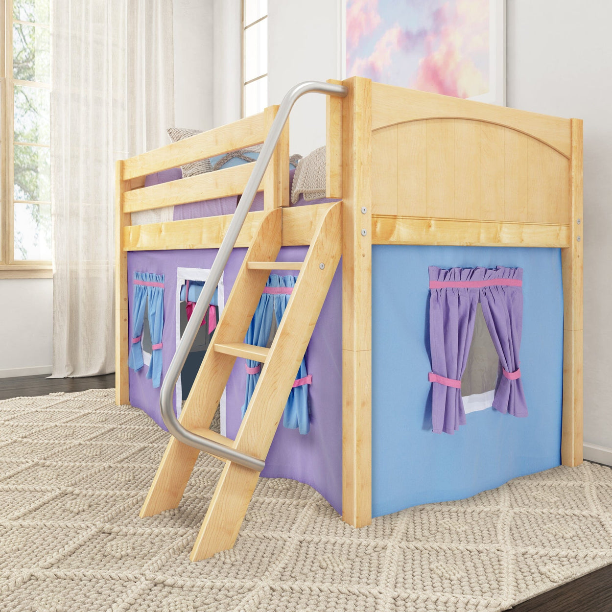 EASY RIDER27 NP : Loft Bed Twin Low Loft Bed with Angled Ladder + Curtain, Panel, Natural