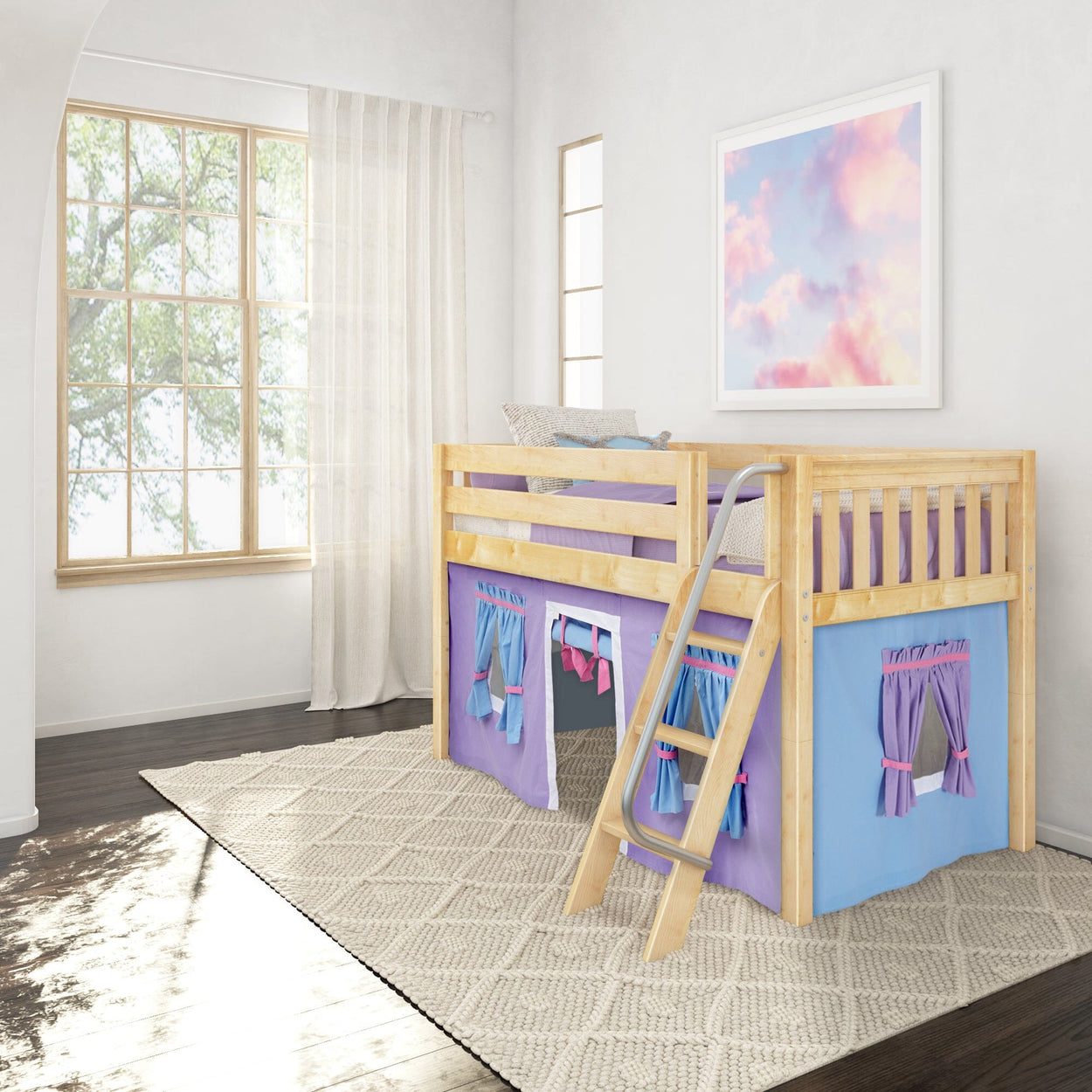 EASY RIDER44 NS : Play Loft Beds Twin Low Loft Bed with Angled Ladder + Curtain, Slat, Natural