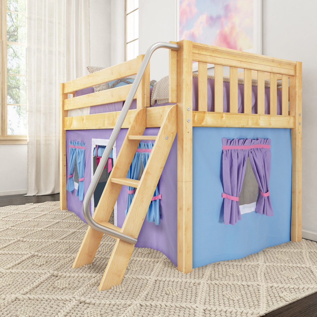 EASY RIDER27 NS : Play Loft Beds Twin Low Loft Bed with Angled Ladder + Curtain, Slat, Natural