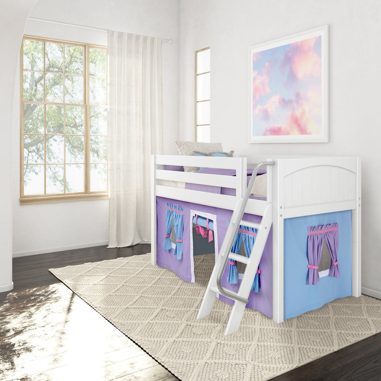 EASY RIDER27 WP : Play Loft Beds Twin Low Loft Bed with Angled Ladder + Curtain, Panel, White