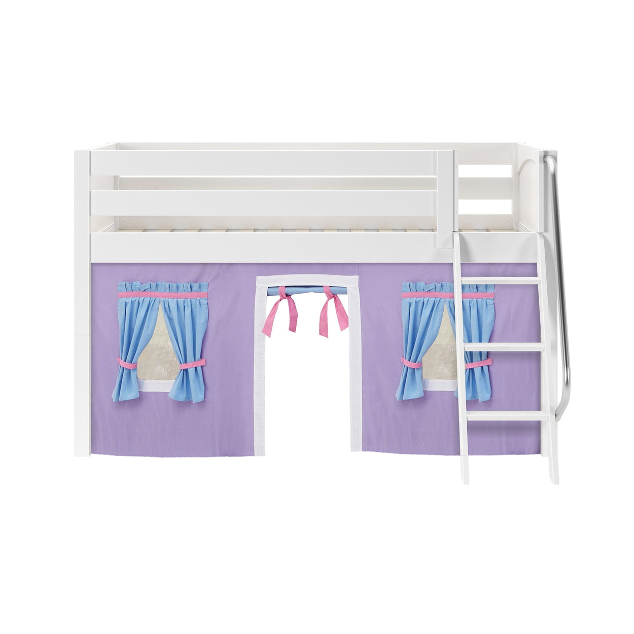 EASY RIDER27 WP : Loft Bed Twin Low Loft Bed with Angled Ladder + Curtain, Panel, White