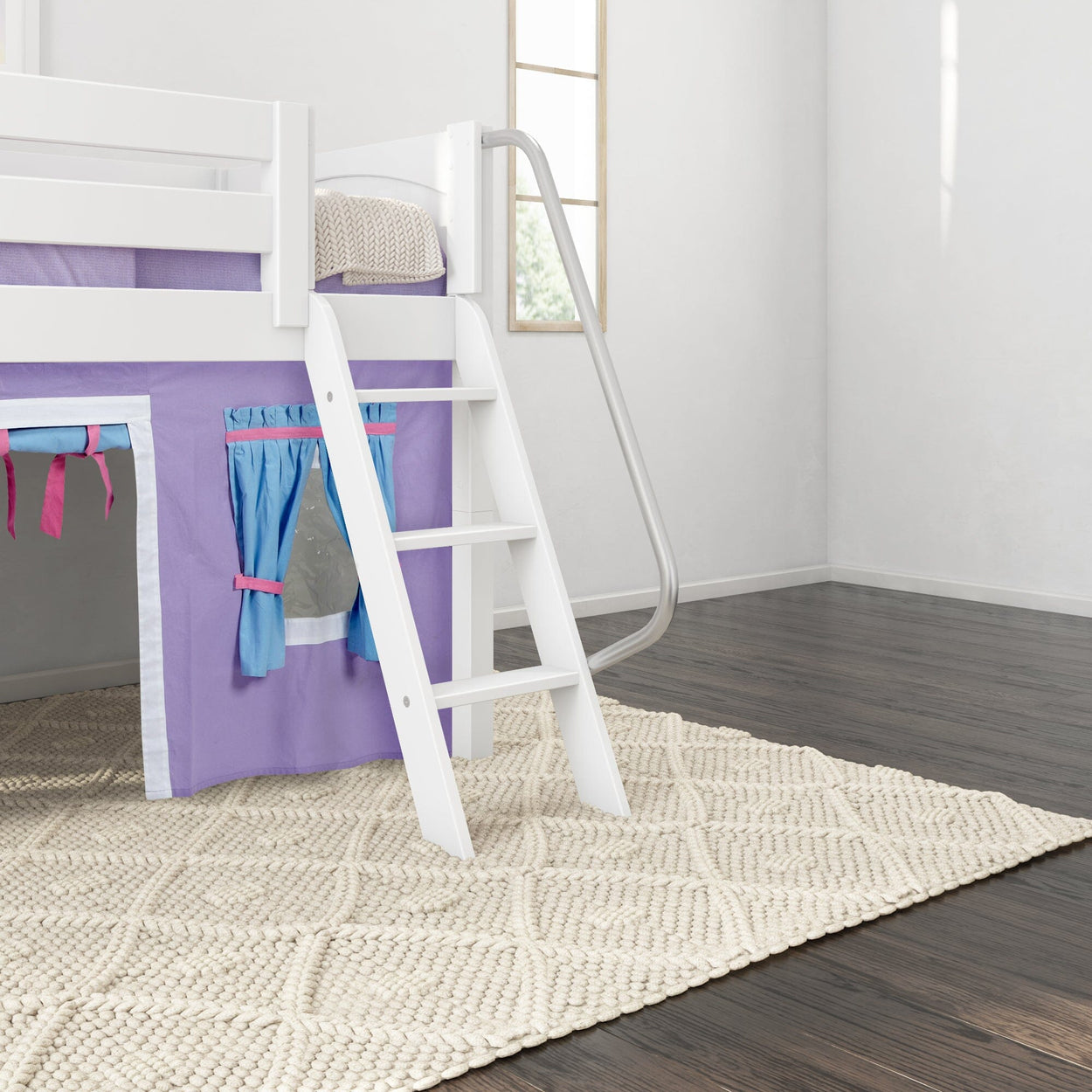 EASY RIDER27 WP : Play Loft Beds Twin Low Loft Bed with Angled Ladder + Curtain, Panel, White