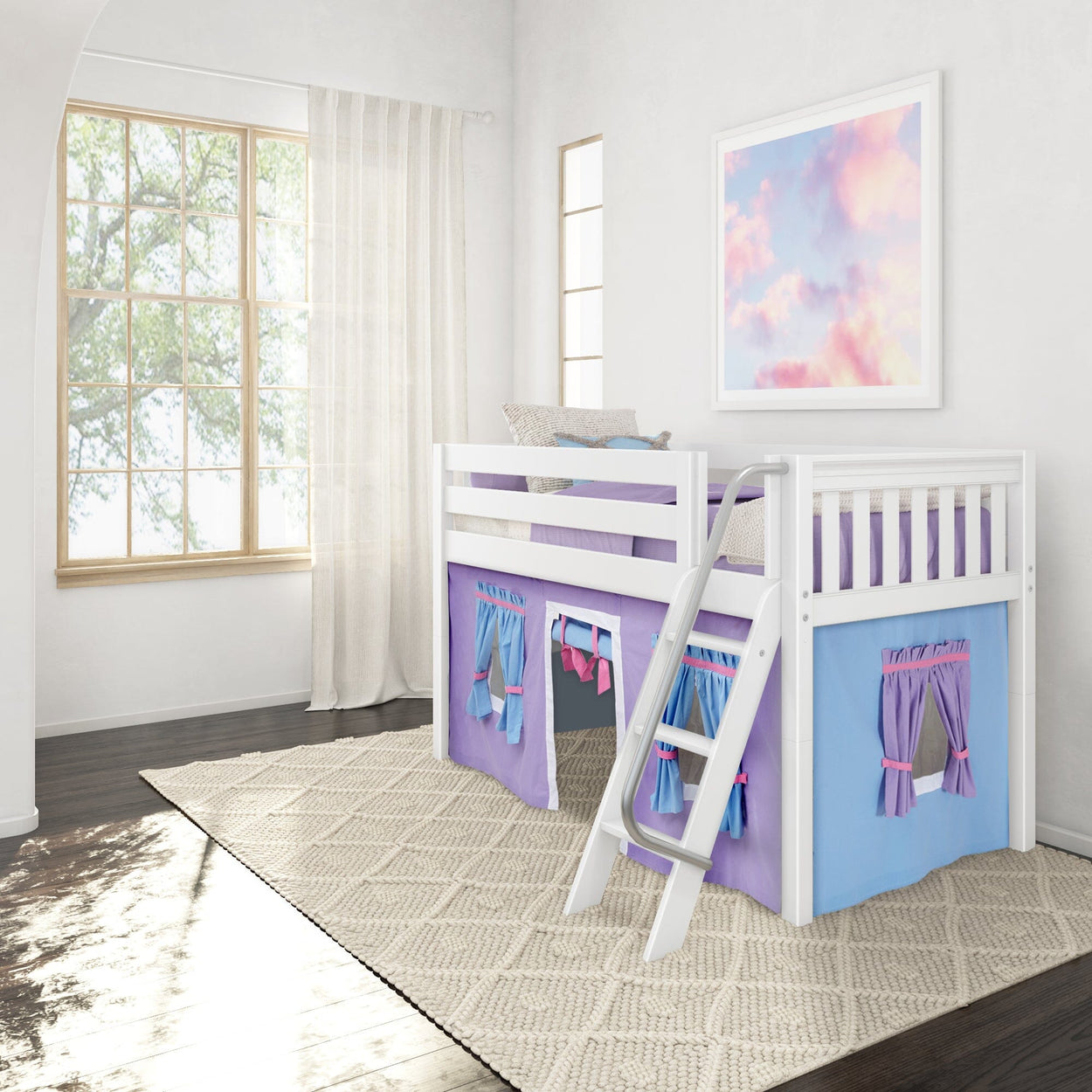 EASY RIDER27 WS : Loft Bed Twin Low Loft Bed with Angled Ladder + Curtain, Slat, White