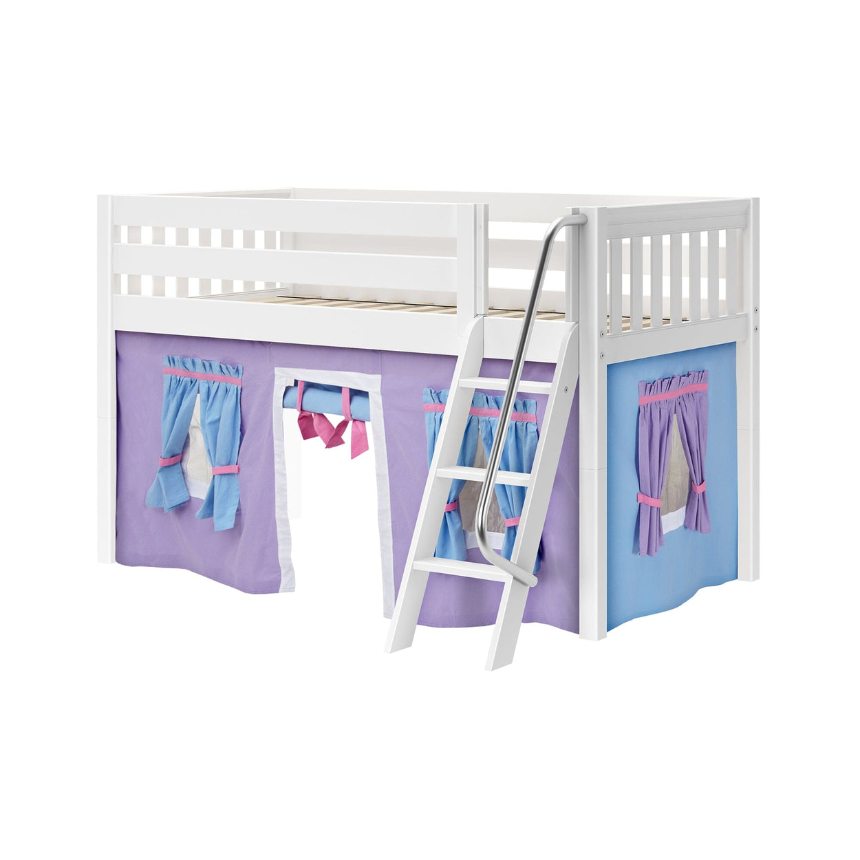 EASY RIDER27 WS : Loft Bed Twin Low Loft Bed with Angled Ladder + Curtain, Slat, White