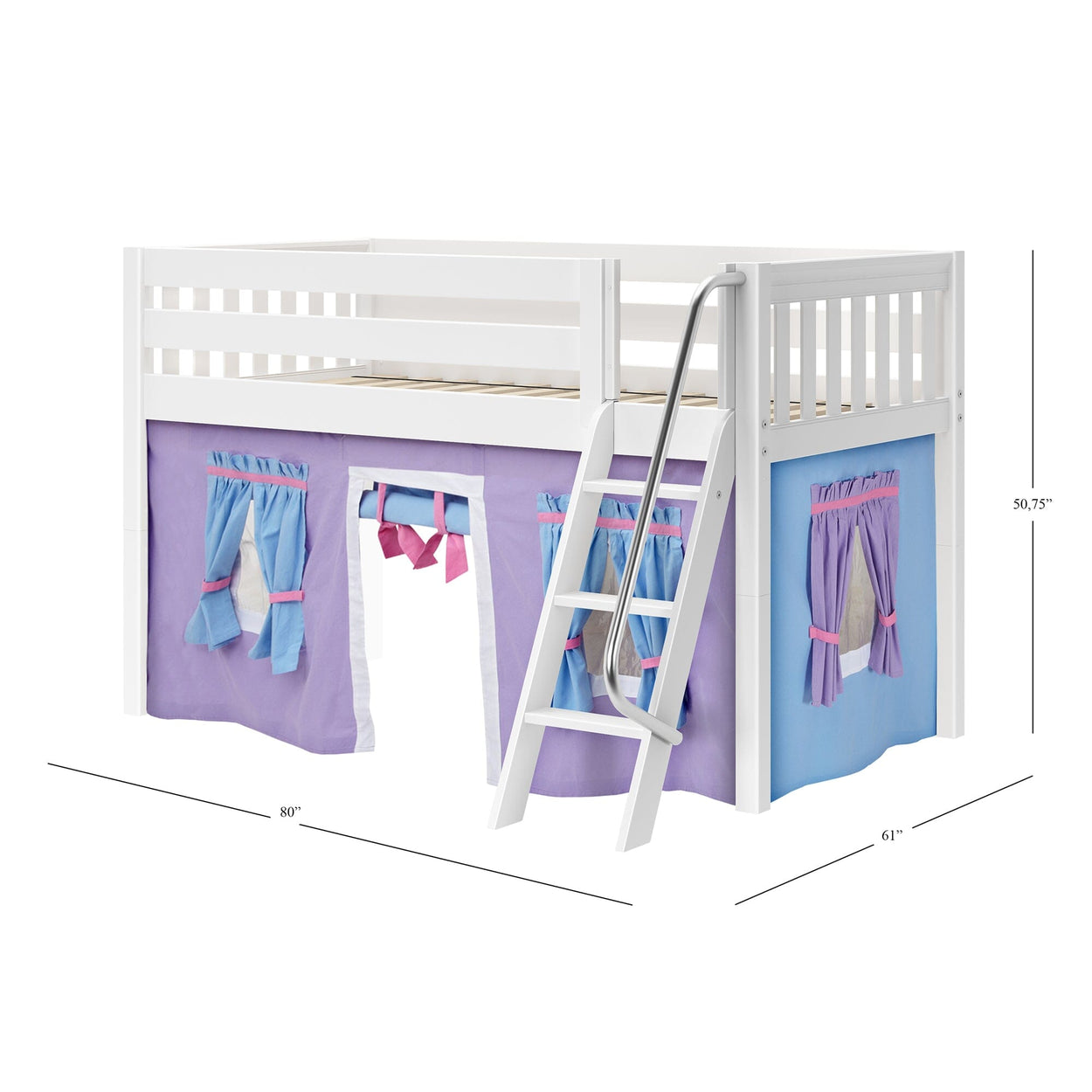 EASY RIDER27 WS : Loft Bed Twin Low Loft Bed with Angled Ladder + Curtain, Slat, White