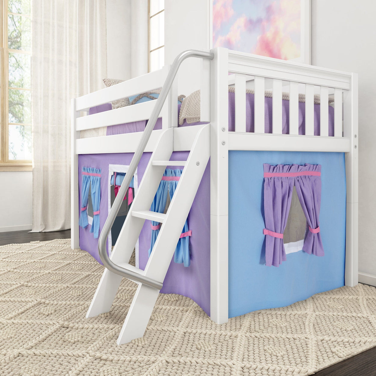 EASY RIDER27 WS : Play Loft Beds Twin Low Loft Bed with Angled Ladder + Curtain, Slat, White